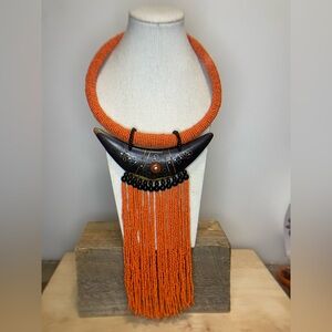 African Tribal Choker Necklace - Seed Beads and Wood and Leather - Intricate